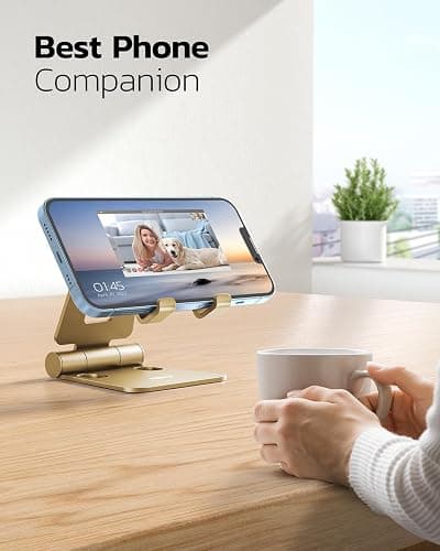 Nulaxy Dual Folding Cell Phone Stand, Fully Adjustable Foldable Desktop Phone Holder Cradle Dock Compatible with iPhone 17 16 15 14 13 12 11 Pro Xs Xs Max Xr X 8, Nintendo Switch, All Phones - Gold thumbnail 6