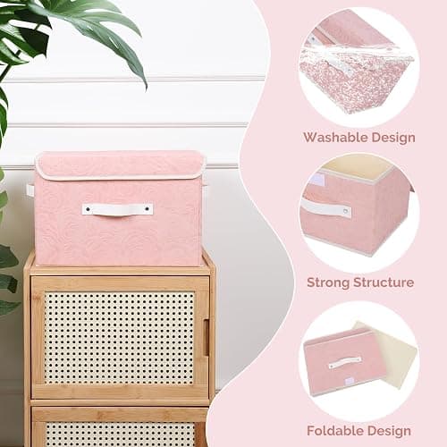 Lucky Monet Cute Storage Bin Boxes with Lids Washable Decorative Storage Boxes Pink Lidded Storage Baskets Collapsible Fabric Box Cubes with PU Leather Handles for Shelf Closet, 1 Pack Pink, Large thumbnail 6