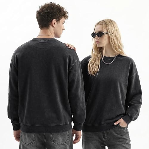 JMIERR Mens Acid Washed Cotton Crewneck Sweatshirt Long Sleeve Pullover | Ribbed Collar Cuffs, Relaxed Fit, Drop Shoulder, Y2K Streetwear Top, Vintage Casual Shirts, Fall Winter Fashion Outings thumbnail 4