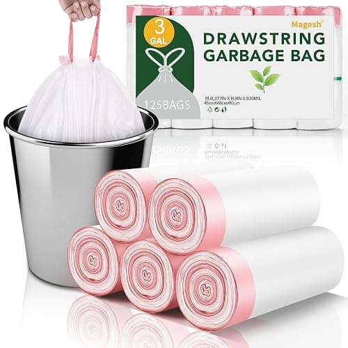 3 Gallon Trash Bag Drawstring - White Small Mini Garbage Bags For Bathroom Can 125 Count 12 Liter Unscented Plastic Tiny Little Waste Basket Liners Kitchen Car Office Strong Thick Magesh - Image 1