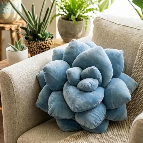 Green Philosophy Co. Succulent® Pillow 16" - Soft 3D Decorative Flower Throw Pillow, Unique Smokey Blue Plush Flower Cushion, Perfect for Couch, Sofa, Bedroom Decor, Gift for Plant Lovers thumbnail 2