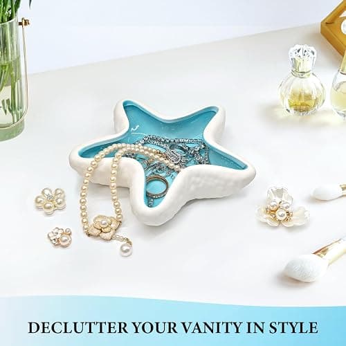 Starfish Jewelry Dish Ceramic Trinket Tray - Ocean Themed Ring Holder for Earrings, Necklaces, Beach & Bathroom Organizer with Glossy Glaze, Coastal Room Decor Gift for Women thumbnail 2