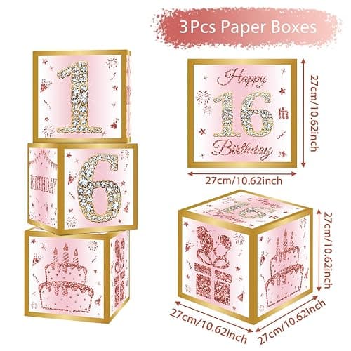 DataMoon 16th Birthday Decorations Boxes for Girls | 3PCS Pink Rose Gold Sweet 16 Birthday Balloons Boxes,Sixteen Year Old Party Supplies for Girls thumbnail 2