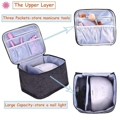 CTWWFS PU Leather Nail Polish Organizer and Nail Lamp Case, Nail Kit Organizer Holds 30+ Bottles (15ml - 0.5 fl.oz) and a Nail Lamp, Nail Polish Carrying Case with Manicure Tools Storage Sections thumbnail 5