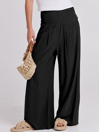 ANRABESS Women Linen Palazzo Wide Leg Pants with Pockets | Smocked High Waist，Comfort Casual Flowy Pants，Lounge Everyday Wear，Summer Boho Cute，2026 Beach Travel Vacation Outfits thumbnail 2