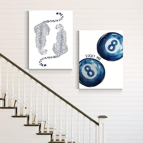 GELDSTEI Preppy Blue Cheetah Wall Art, Navy Retro 8 Ball Aesthetic Pictures, Trendy Kiss Lips Wrapped Canvas Artwork, Modern Leopard Poster Prints for Bedroom Living Room Apartment Framed 12"x16"x3 thumbnail 5