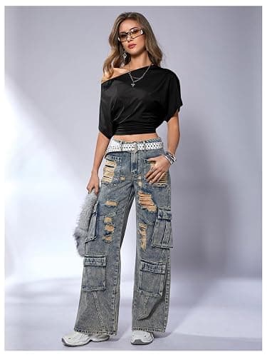 SweatyRocks Women's Off The Shoulder Tops Asymmetrical Y2K Going Out Top | Cinched Waist, Short Sleeve, One Shoulder Tops, 2000s Clothes, Summer Fashion Tops thumbnail 6