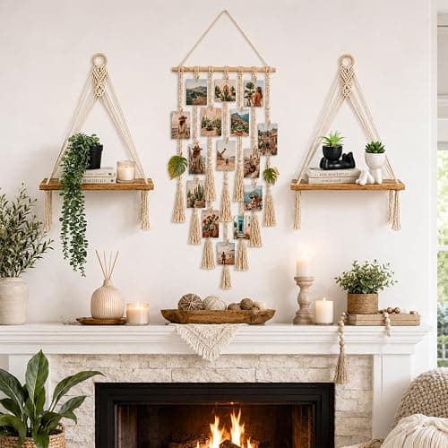EASLIV Boho Wall Decor Set of 6, Aesthetic Room Shelf Wall Decor Indoor | 2 Pack Hanging Shelves + Hanging Photo Display with 10 Clips + 1Pcs Fake Hanging Eucalyptus + 2Pcs Fake Succulents Plants thumbnail 8