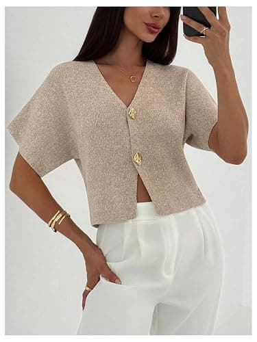 SOLY HUX Women's Short Sleeve Office Spring Winter Cardigan Sweater Button Down V Neck Slim Fit Elegant Knit Tops thumbnail 4
