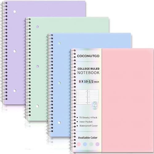 CoconutGo 4 Pack Spiral Notebooks, 1 Subject College Ruled, 10.5 x 8 in, 70 Sheets Each, 3-Hole Punched Perforated Pages, Plastic Covers with Pockets, Silver Coil, Assorted Colors - Image 1