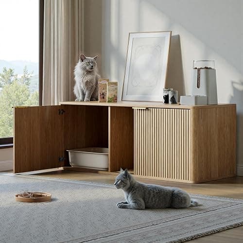 Evermagin 48.8" Double Litter Box Enclosure Furniture for 2 Cats, Large Hidden Oak Litter Box Cabinet with Front Entry, Mid Century Modern Fluted Kitty End Table, Includes Scratching pad thumbnail 6