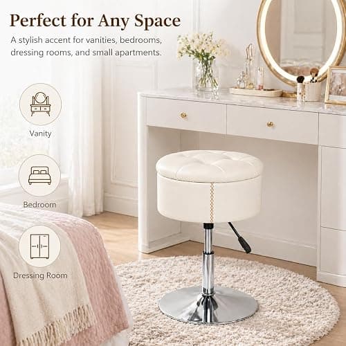 ACEQLYT 2 in 1 Adjustable Storage Vanity Stool with Flip-Over Wood Tray | 360° Swivel Vanity Chair with Storage, Small Round Makeup Stool for Vanity, White PU Leather thumbnail 4