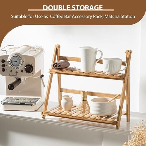 Yalikop Matcha Station Shelf,15.7'' Coffee Station Organizer, 2 Tiers Bamboo Mug Holder Countertop,Desktop Flower Pot Rack for Home Living Room Window Sill Foldable Display Storage Shelf(Wood) thumbnail 6