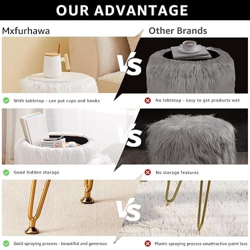 Mxfurhawa Faux Fur Storage Ottoman Round Furry Vanity Stool Marble Grain Tray Coffee Table Compact Footrest with 4 Metal Legs Soft Makeup Seat Foot Stool for Living Room Bedroom Entryway White thumbnail 6