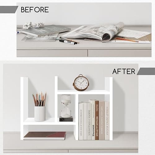 Jerry & Maggie Desktop Organizer Office Storage Rack Adjustable Wood Display Shelf Free Style Double H, Multi-Functional Mini Bookshelf for Desk Natural Stand (White) thumbnail 3