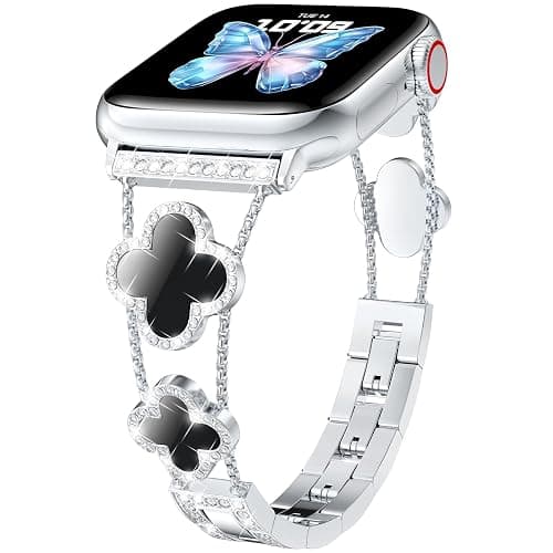 CTYBB Bling Diamond Band Compatible with Apple Watch Bands for Women 40mm 41mm 38mm 42mm Series 11 10 9 8 7 6 5 4 SE 3 2 1, Sparkle Metal Bracelet Wristband, Cute Lucky Clover Dressy iWatch Band,Silver/Black - Image 1
