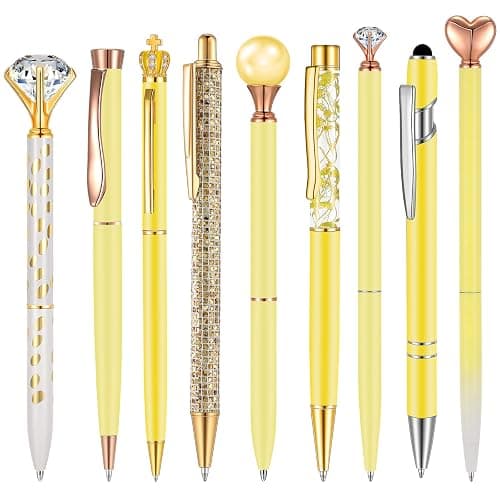 Janmini 9 Pcs Ballpoint Pens Set Metal Crystal Diamond Glitter Pens for Journaling Black Ink Pretty Cute Things Fancy Stationery Gifts for Women Girls Birthday Home Office Desk(Yellow) - Image 1