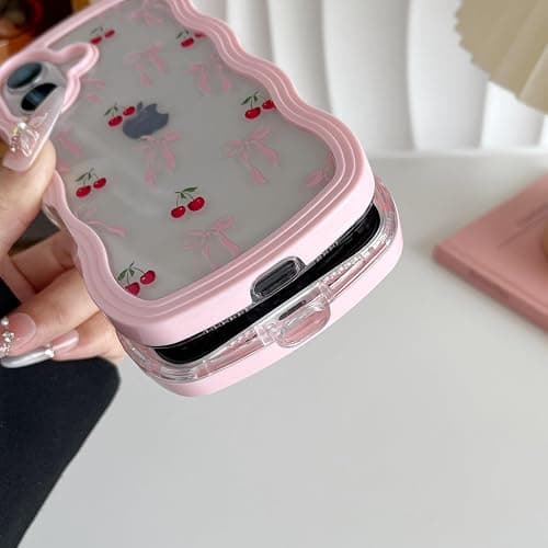 ZTOFERA for iPhone 17 Case 6.3 inch,Cute Curly Wave Frame Shape Case with Heart Ribbon Bow Pattern, Clear Slim Shockproof Hard PC Bumper Phone Cover for Women Girls, Pink thumbnail 5