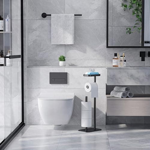 Kitsure Toilet Paper Holder Free Standing – Rustproof Metal Toilet Paper Stand for 4 Rolls with Anti-Slip Base and Shelf for Phone & Small Items, Bathroom Organizers and Storage, Medium, Black thumbnail 3