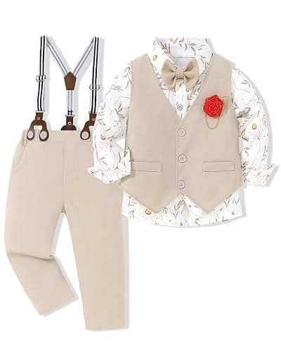 WESIDOM Toddler Boy Dress Clothes Suit Boys Formal Wedding Outfit Set 1-9Y | 6-Piece Boys Formal Suit Set: Dress Shirt, Vest, Bow Tie, Boutonniere, Suspenders Pants for Ring Bearer Easter Graduation - Image 1