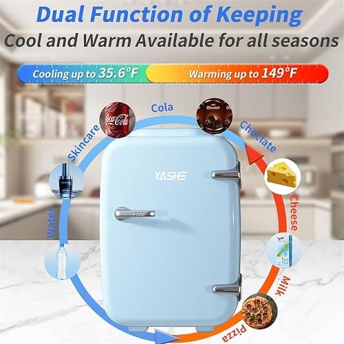 YASHE Mini Fridge, 4 Liter/6 Can Mini Makeup Fridge, 110V AC/ 12V DC Portable Thermoelectric Cooler&Warmer for Skincare, Drink, Cosmetic, Medicine, Small fridge for Bedroom, Office, Dorm, Car, Blue thumbnail 3