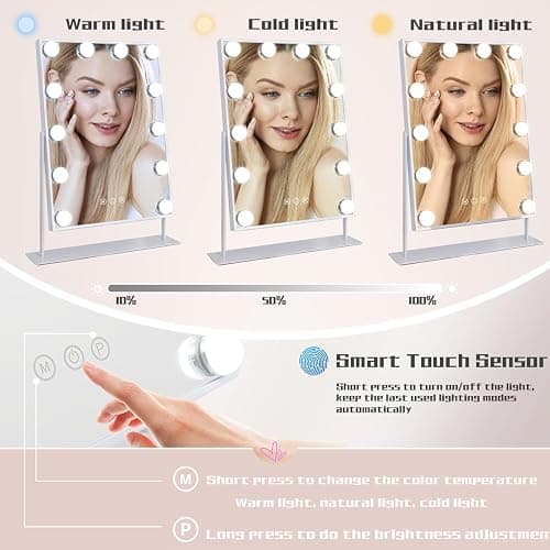 COOLJEEN Makeup Mirror Vanity Mirror with Lights - 12 Led Bulbs Lighted Hollywood Mirror, 10X Magnification,3 Color Modes, Touch Control, Women Gift (White) thumbnail 3