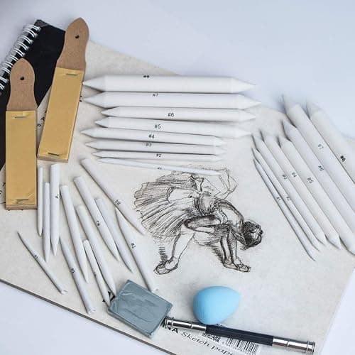KOOTIKO 33 Pcs Blending Stumps and Tortillions Paper Art Blenders Drawing with Sandpaper Pencil Sharpener Extension Kneaded Eraser Rubbing Sponge for Student Artist Charcoal Sketch Drawing Tool thumbnail 3