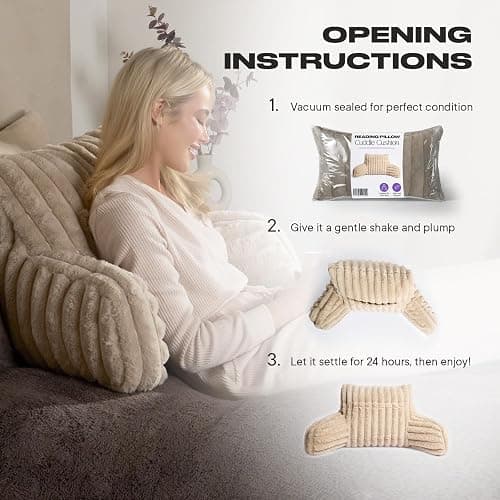 OHS Cuddle Cushion, Gifts for Women Men Ribbed Faux Fur Reading Pillow Sofy Cosy Gaming Cushion with Heatable Pocket Support Pillow with Arms Bed Cushions for Relaxing Comfy, Natural thumbnail 3