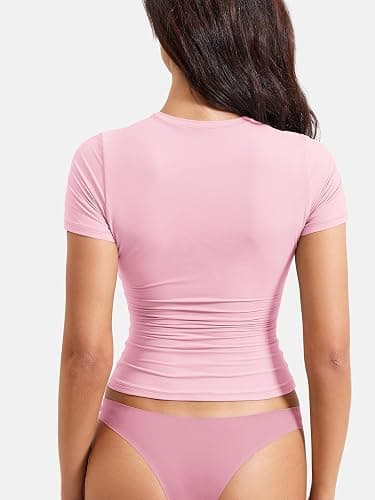 YEOREO Women Fitted Workout Tops Short Sleeve Double Lined Basic Y2K Going Out Crew Neck Compression Crop Top thumbnail 3