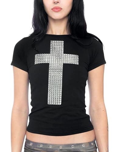 BAIMORE Women's Y2K Gothic Retro Punk 3D Studded Cross Rhinestone Print Slim-Fit Cropped T-Shirt for Streetwear Looks - Image 1