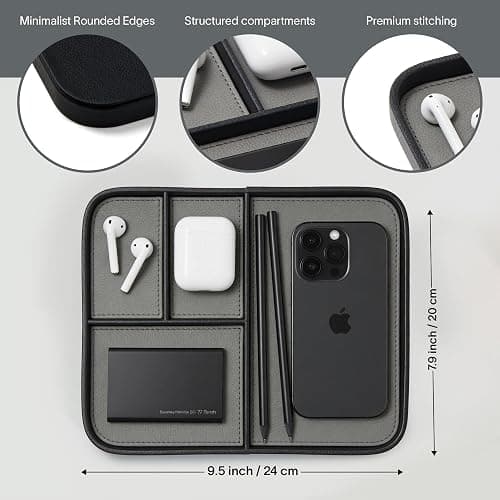 Nordik Leather Valet Tray - Pebble Black - 24x20 cm Medium Vegan Leather Tray for Entryway - Stylish Nightstand Organizer for Men - Modern Bedside Caddy - EDC Catchall for Keys Phone Wallet Jewellery thumbnail 2