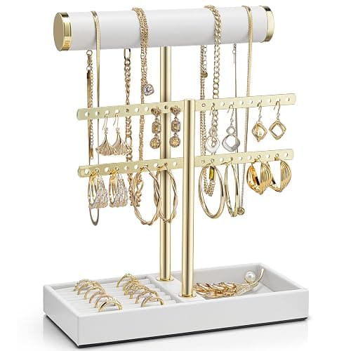 Vlando 2 Tier Necklace Holder Organizer with Tray, Leather Bracelet Holder Display for Women, Gold Jewelry Holder Stand for Bracelet, Necklace, Earrings, Rings - White - Image 1