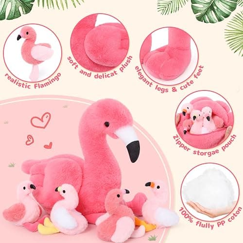 MorisMos Plush Flamingo Stuffed Animal-18 Inch Mommy Stuffed Flamingo with 4 Baby Bird Plush Toys Inside Zipper Tummy, Pink Bird Stuffed Animals Gift for Girl Women Decor Birthday Christmas Valentines thumbnail 7