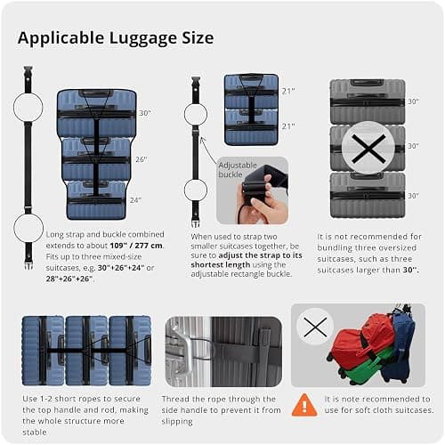 Adjustable Luggage Straps for Suitcases 3 PCS Connect Suitcases | Connect up to 3 suitcases and carry-on with elastic rope, sturdy 600D polyester straps with a buckle a bottle clip thumbnail 5