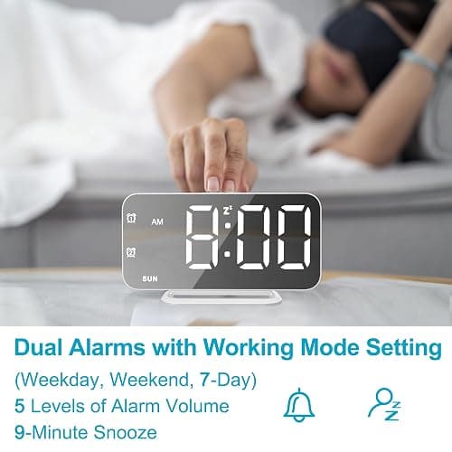 Slim LED Digital Alarm Clock, Mirror Surface for Makeup, with Diming, Large Display, Easy Setting, USB Ports, Modern Decor for Bedroom, Desk, Christmas, Birthday Gift for Women, Daughter, Girl, White - White thumbnail 4