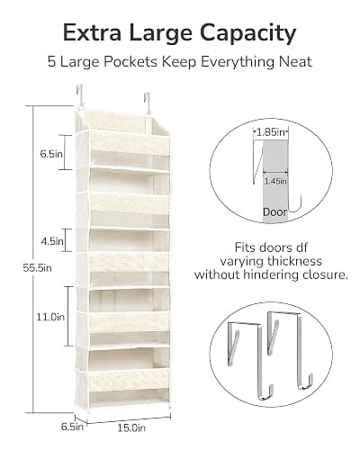 ULG 1 Pack Over Door Organizer with 5 Large Pockets 10 Mesh Side Pockets, Upgraded Linen Texture Over The Door Storage, 44 lbs Weight Capacity Hanging Storage Organizer, Ivory thumbnail 2