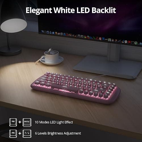 iRoboosta Pink Creamy Mechanical Gaming Keyboard, Aesthetic w/White Backlit, 84 Keys Cute Retro Typewriter Computer Keyboard Wired, Round Keycaps for Windows/PC/PS5 thumbnail 3