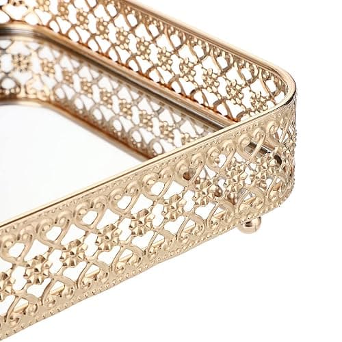 ELLDOO Perfume & Makeup Vanity Tray - Hollow-Carved Jewelry Storage, Glass & Metal Trinket Organizer for Dresser & Bathroom Countertop, Gold, Medium Size thumbnail 9