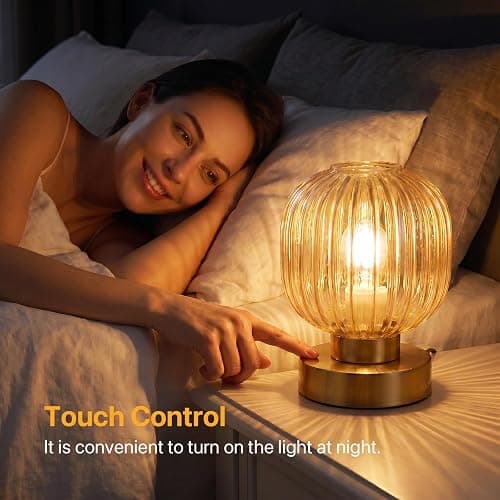 Elenhome Amber Touch Glass Table Lamp Set of 2, 3-Way Dimmable Bedside Lamps, Vintage Mid-Century Modern Nightstand Lamps for Bedroom and Living Room, Ambient Mood Lighting, LED Bulb Included thumbnail 2