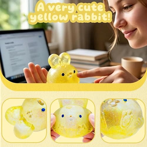 Stress Relief Glitter Bunny Squeeze Toy - Anxiety Calming Sensory Fidget Toy, Soft Squishy Ball for Kids Adults ADHD Autism, Yellow Jelly Hops thumbnail 2