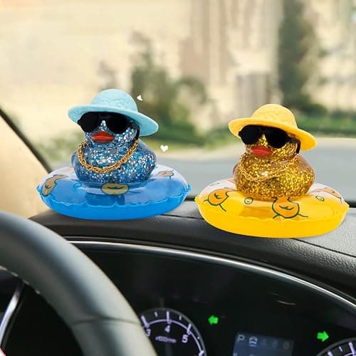 wonuu Shining Rubber Ducks with Plastic Sunglasses Swim Ring Necklace Hat, Glittering Cute Car Accessories Decor Dashboard Decorations Duck Pink Ducky, Straw-Blue Aa-black Glasses-straw-blue thumbnail 6