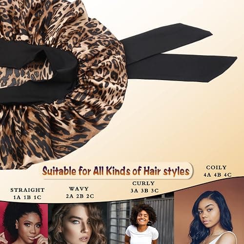 Silky Satin Hair Bonnet, Night Cap for Black Women Hair Care with Soft Strechy Tie Band - Jumbo Satin Sleep Cap(Leopard) thumbnail 4