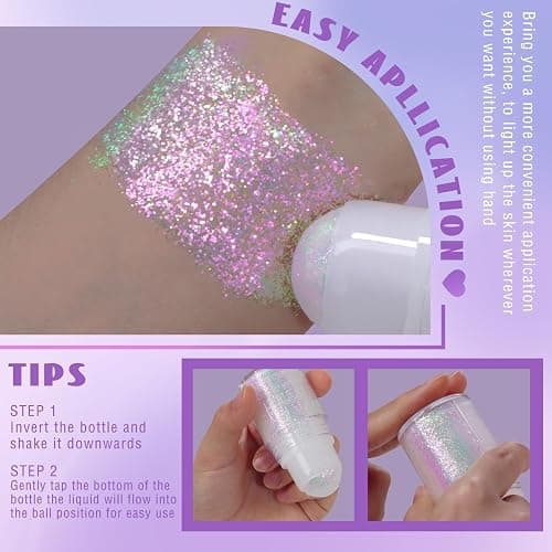 HOSAILY Roll-on Holographic Body Glitter Gel for Face Hair, Chameleon Color Changing Glitter Gel Under Light, Chunky Mermaid Sequins Festival Party Rave Accessories Shimmer Makeup (Sparkling Pink) thumbnail 4
