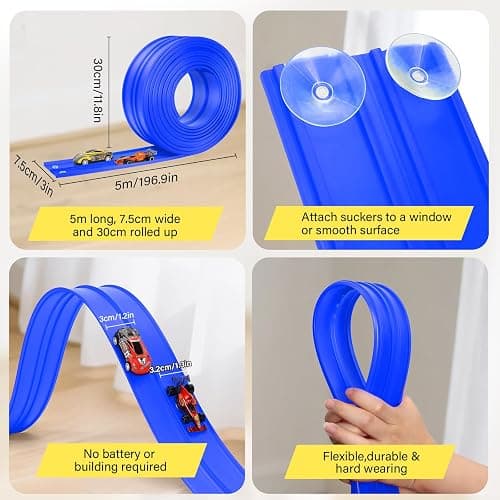 KETIEE Flex Tracks 16Ft for Kids: Flexible Race Car Ramp Track with 4 Small Racecars and 8 Suction Cups Compatible with Diecast 1/64th Cars, Rolls Up Portable Racetrack for Ages 3 & Up thumbnail 6