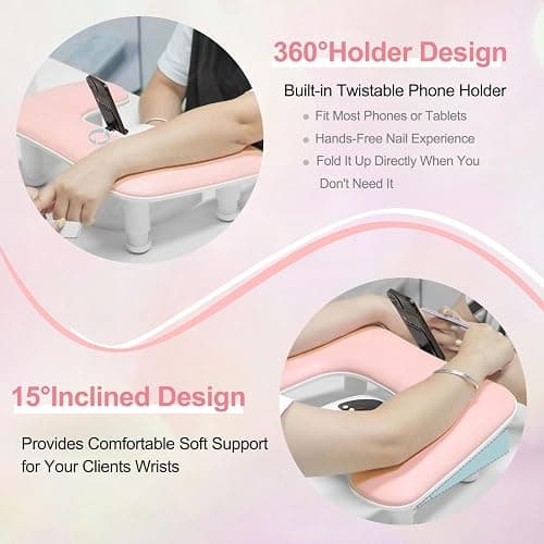 Big Arm Rest for Nails Tech with Rotating Phone Holder: 3nd Generation U-Shaped Manicure Nail Arm Rest Stand Height Adjustable Armrest for Acrylic Nails(Pink) thumbnail 2