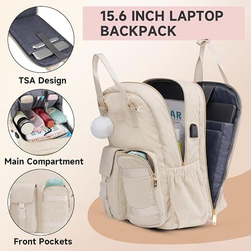 MATEIN Cute Backpack for Girls, 15.6 Inch Corduroy School Bookbag Aesthetic Kawaii Laptop Backpack with USB Charging Port, TSA Lightweight Travel Daypack for Women Teens Girls Computer Bag, Beige thumbnail 2