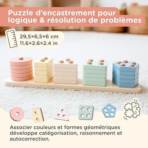 Nene Toys Jouet Montessori en Bois 3-en-1 pour Bébé 1 an – Arc-en-Ciel en Bois, Tour à Empiler & Jeu d’Encastrement – Jouet d’Éveil Enfant 1–3 Ans – Idée Cadeau Fille Garçon – Couleurs Pastel thumbnail 5