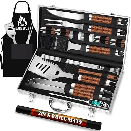 ROMANTICIST 26pcs Stainless Steel Grill Tool Set, Heavy Duty BBQ Grilling Accessories Gifts for Men Dad, Non-Slip Grill Utensils Kit with Apron, Thermometer, Mats in Aluminum Case for Christmas Brown - Image 1