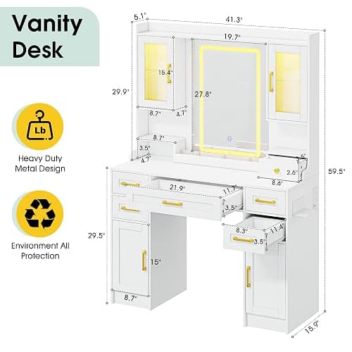 YBXGO White Makeup Vanity Table with LED Lighted Mirror | 3 Light Modes, Power Outlet, 6 Drawers & 4 Storage Cabinets, Modern Dressing Desk for Bedroom thumbnail 2