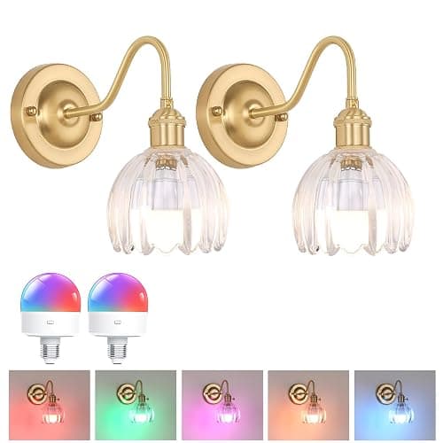 Shenmoyl Vintage Battery Operated Wall Sconce Set of 2, 5000mAh Rechargeable Wall Light, Indoor Battery Powered Wall Lamp for Bedside Bedroom Living Room, Tulip Clear - Image 1